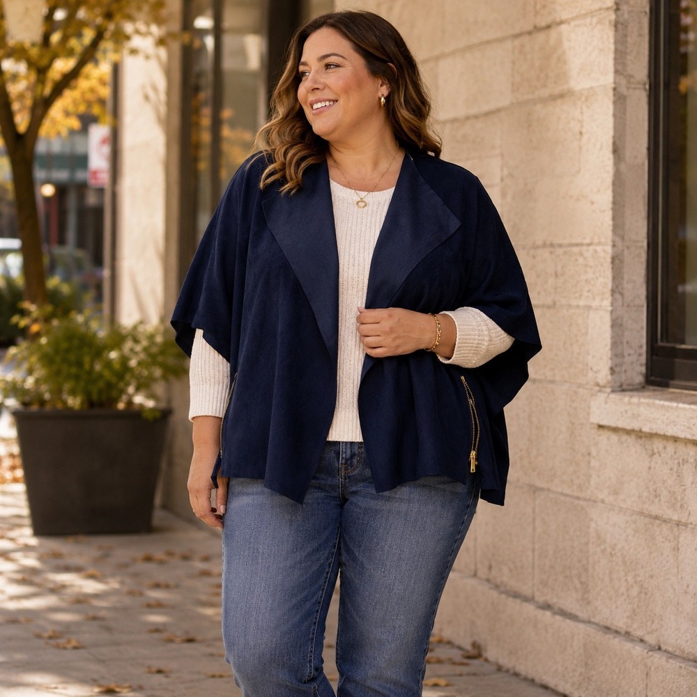 NWT Chicos Sz 3 Ink Navy‎ Faux Suede Open Front Cape Jacket Zip Detail 570152855